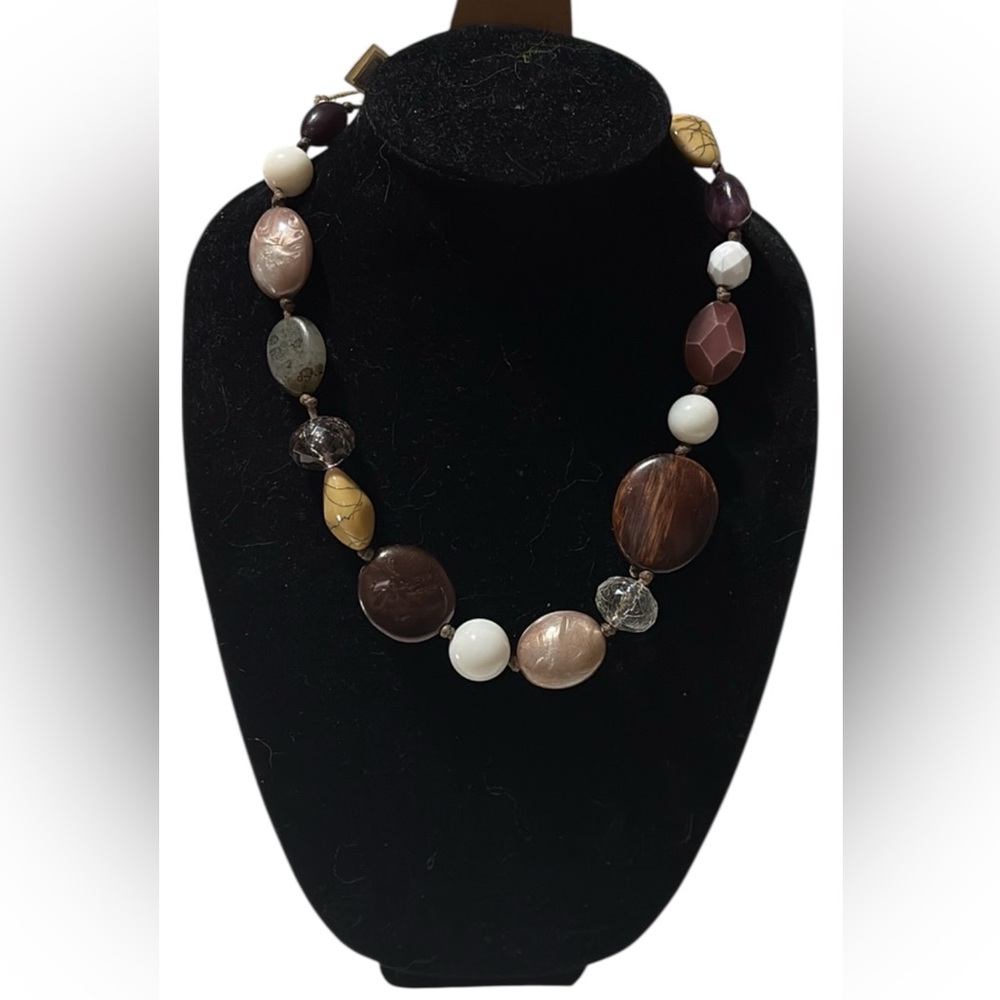 Vintage Brown Round Piece beaded Necklace With White, Clear, Purple, Wood Beads